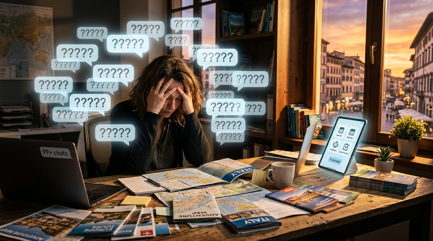 An exhausted tour operator sits at a rustic wooden desk cluttered with maps and brochures, holding her head in her hands as transparent, glowing chat bubbles filled with repetitive question marks float around her like a heavy fog. Warm sunset light streaks through an office window, casting long, dramatic shadows. In the background, a sleek tablet glows with a clean, automated interface, symbolizing relief and modern efficiency.